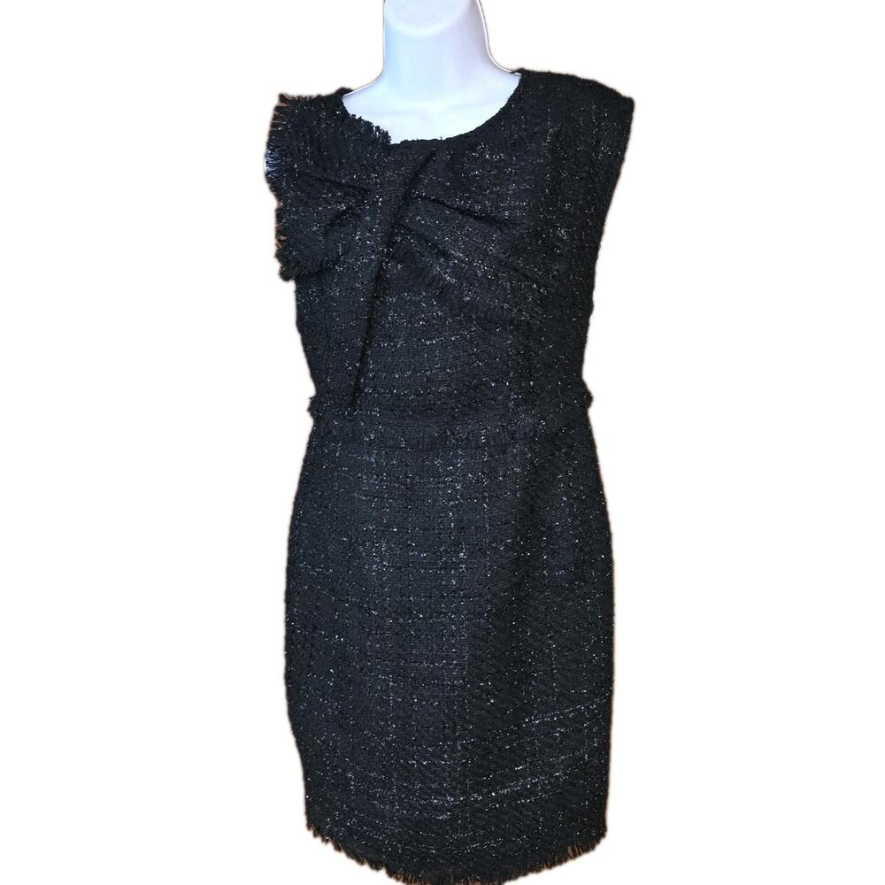 EUC‎ Gracia Black Bow Tweed Zip Up Pencil Dress Sz S Fringed Hem
